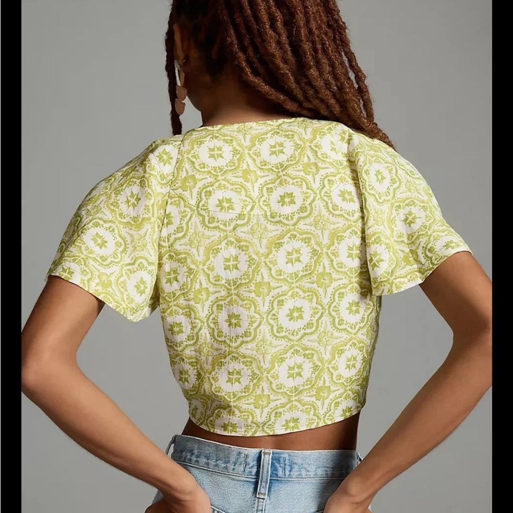 Pilcro Green Floral Linen Keyhole Crop Top Small Anthropologie - Picture 6 of 9